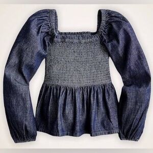 NWT J. Crew Dark Blue Denim Chambray Smocked Square-Neck Puff Sleeve Top Sz L